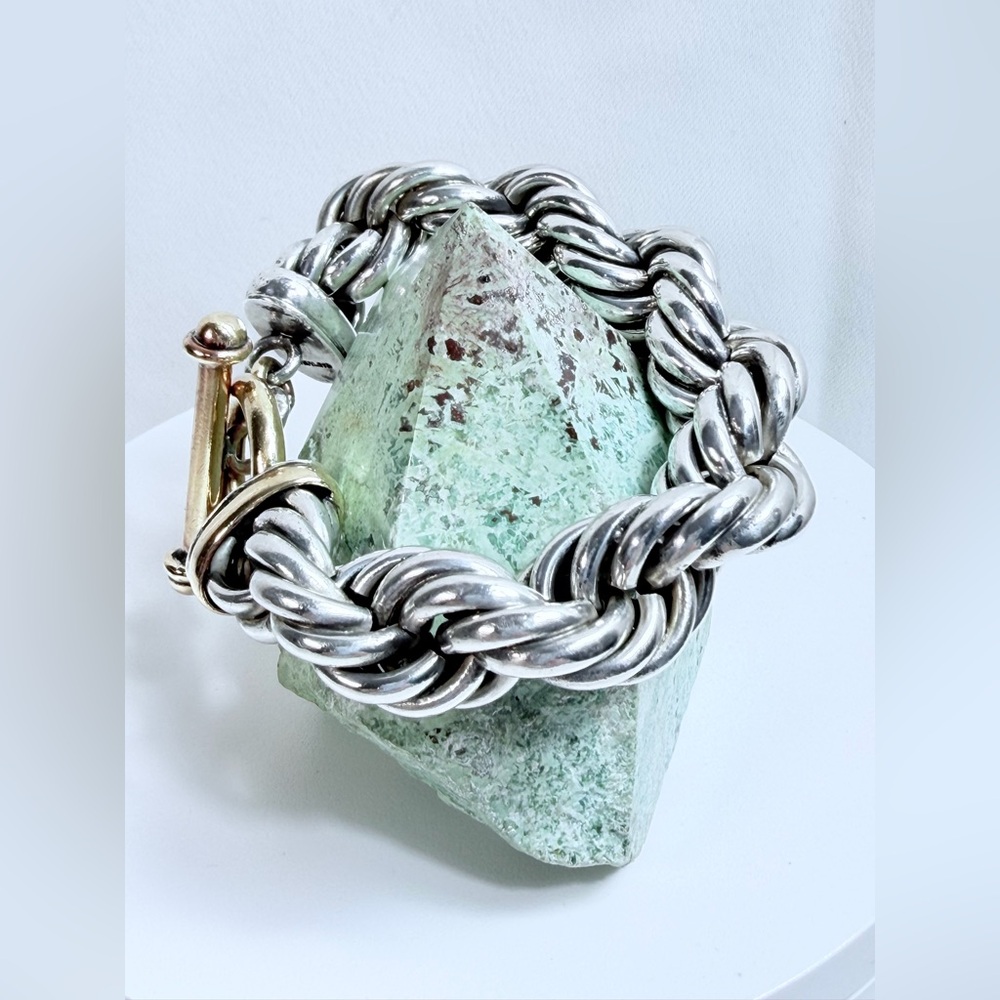 AMAZING Vintage HEAVY Sterling & Brass Rope Toggle Clasp Bracelet ~106 GRAMS